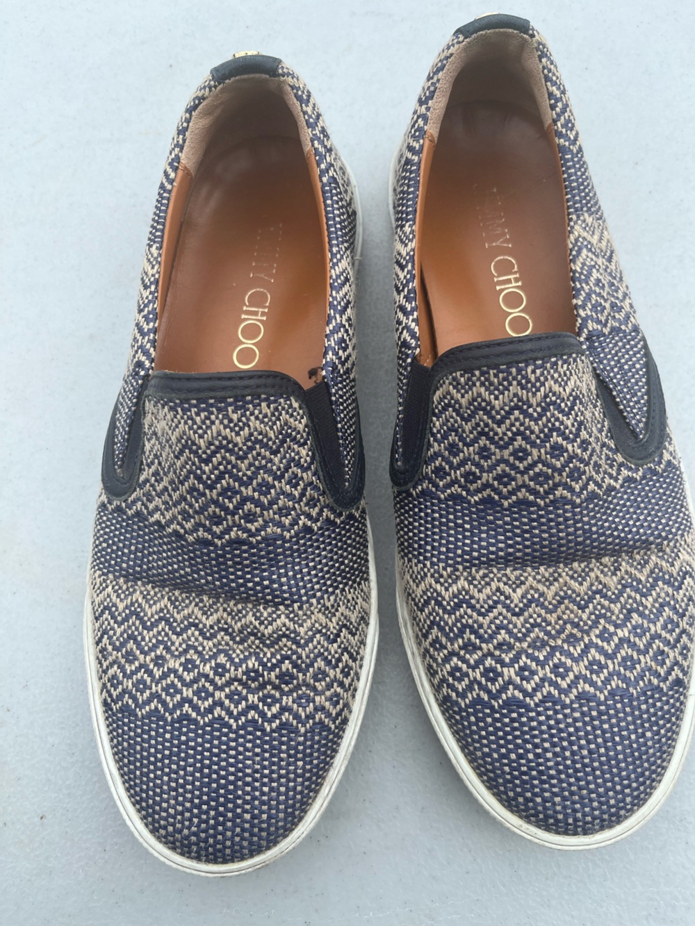 Jimmy Choo Navy and Cream Woven Slip-On Loafers